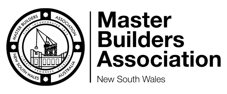 Master Builders Association New South Wales logo, featuring a circular emblem with construction imagery and text on the left, and the organization name on the right.